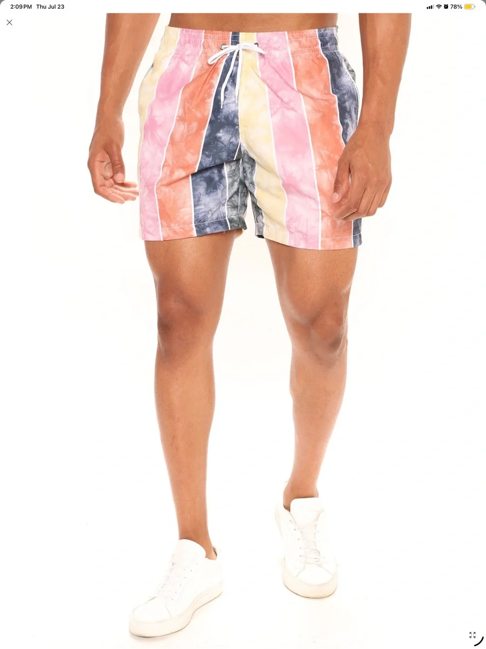 Fashion Nova Men's Striped Swim Trunks in Pink, Orange, Yellow & Blue